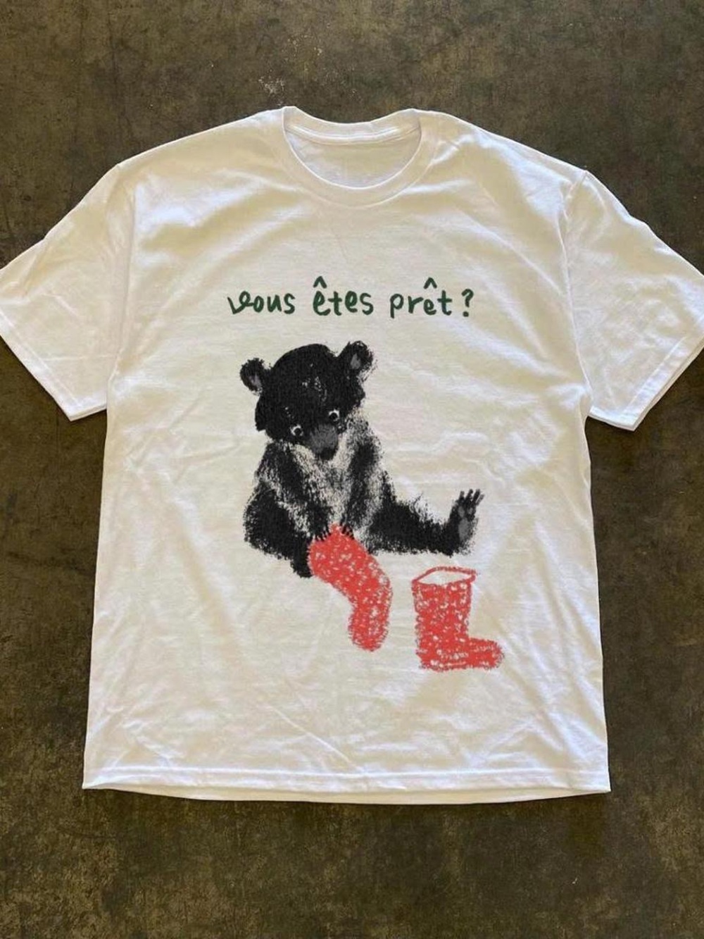 White with Bear Illustration and Red Boots